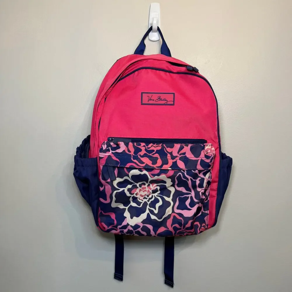 Vera Bradley Lighten Up Floral Flowers Backpack Book Bag Pink Navy Blue